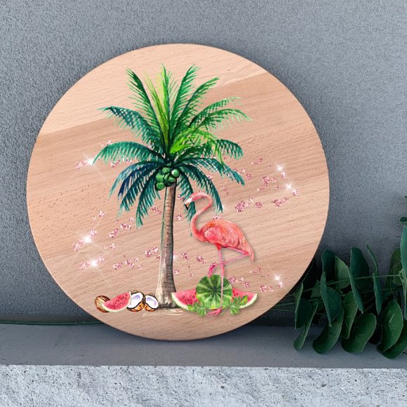 Hand Crafted Other - Beach Decor Palm Tree with Flamingo 12" Thin Birch Round Wood Handmade Wall Art